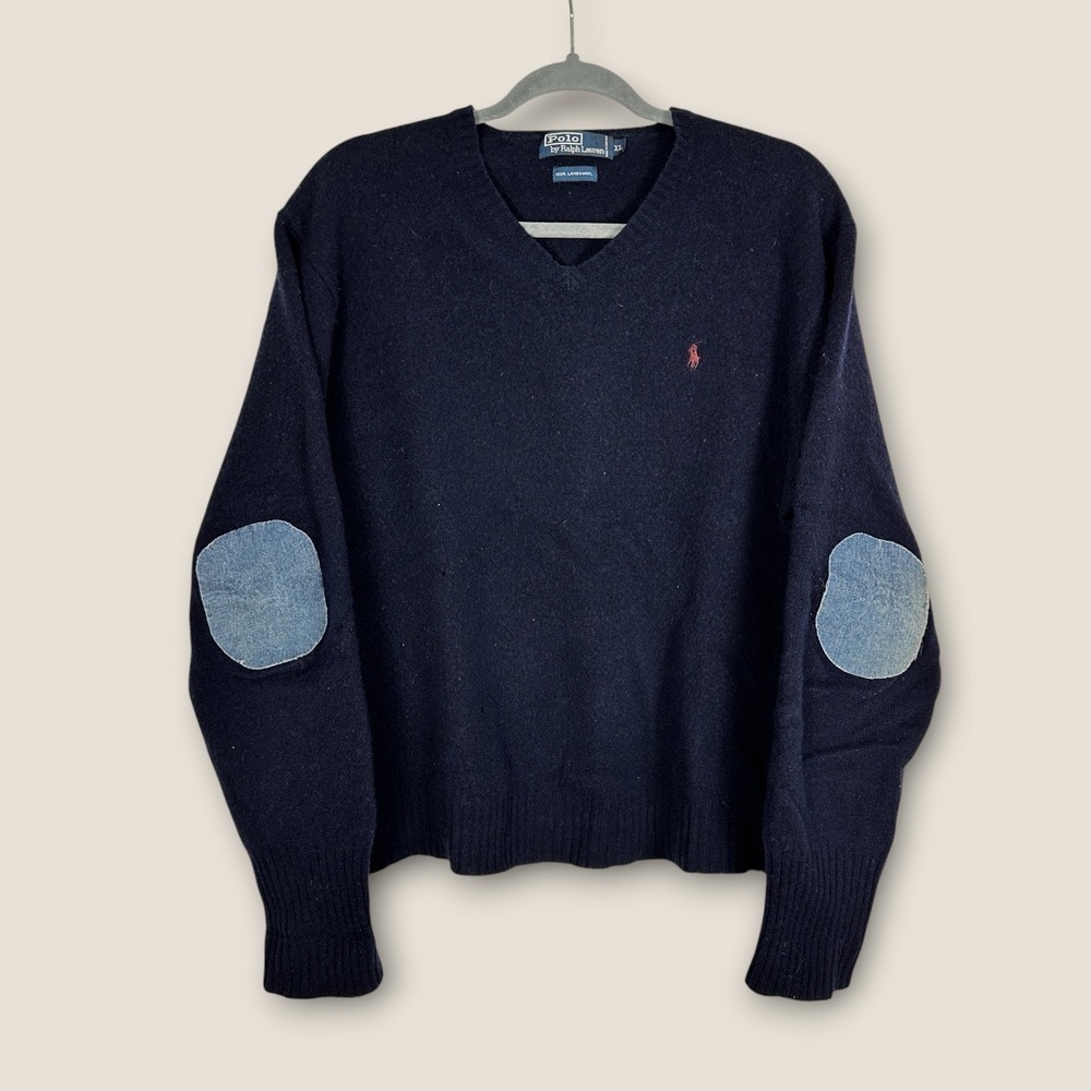 Polo Ralph Lauren Navy Lambswool V-Neck Sweater Denim Elbow Patches XL